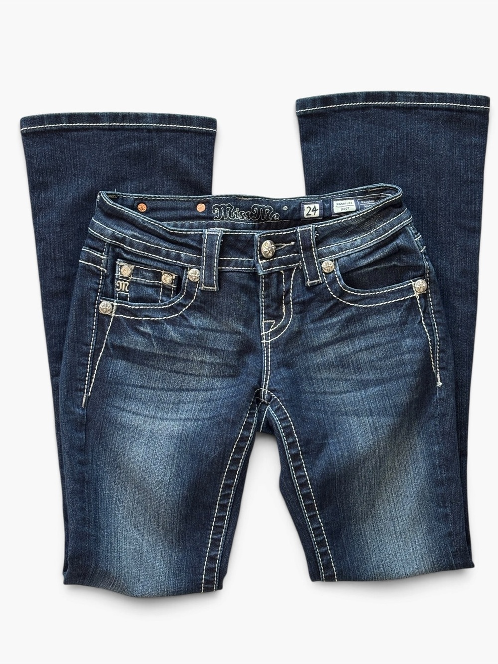 Miss Me Signature Bootcut Jeans Sz 24 Dark Wash Rhinestone Embellished Low Rise